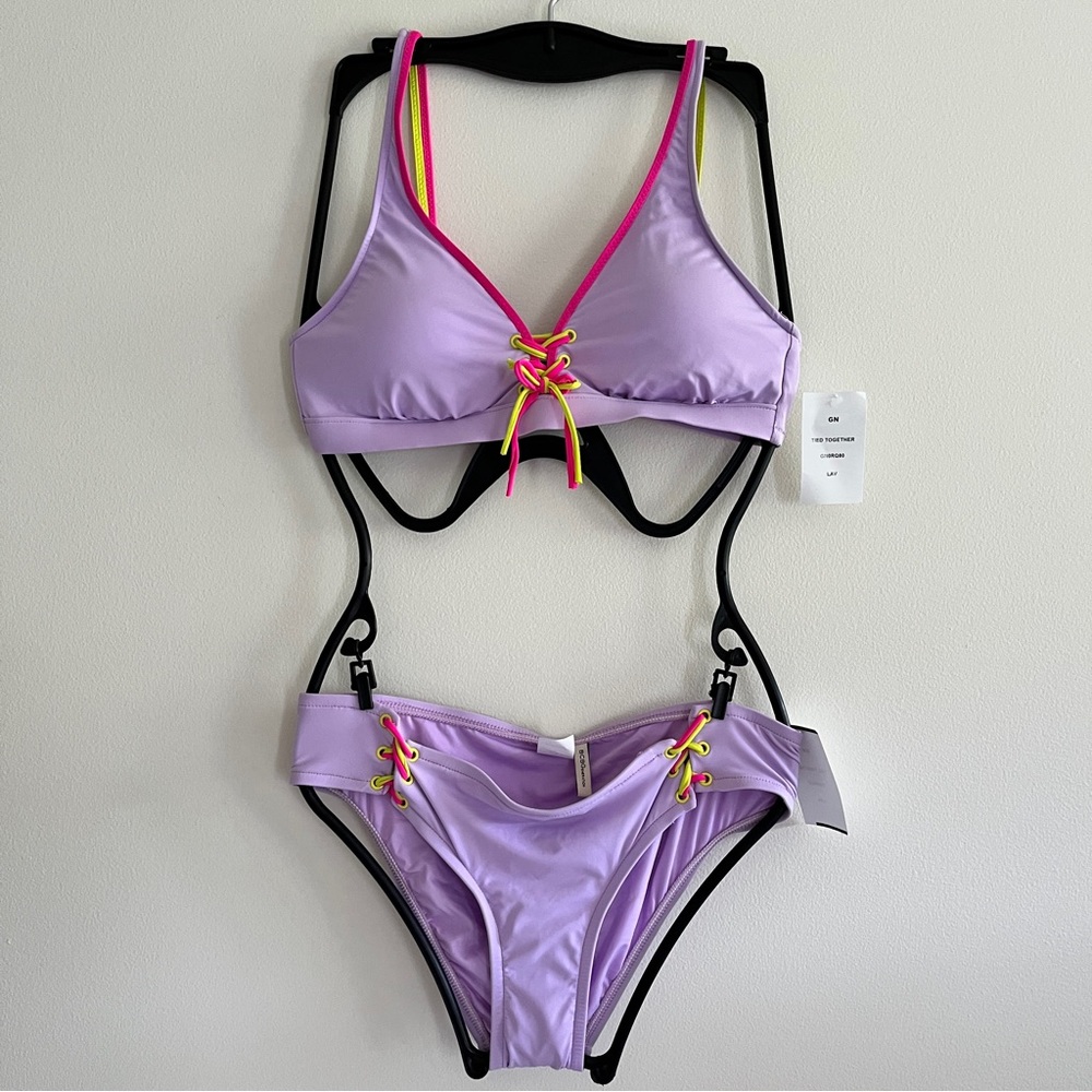 NWT BCBGeneration Tied Together Purple Pink Lace Up Bikini Swimsuit Small